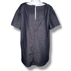 Theory Short Sleeve Denim Shift Dress Dark Wash Pockets Collarless Minimalist